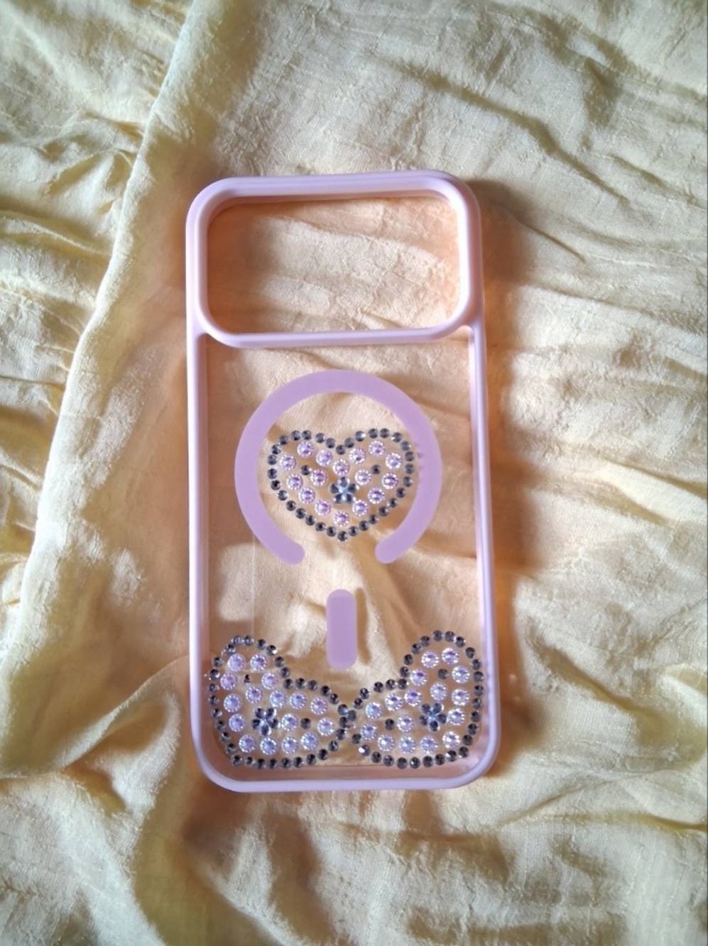 iPhon 17 Pro Max Clear Pink Rhinestone Phone Case with Decorative Hearts -